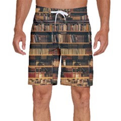 Books On Bookshelf Assorted Color Book Lot In Bookcase Library Men s Beach Shorts by Ravend