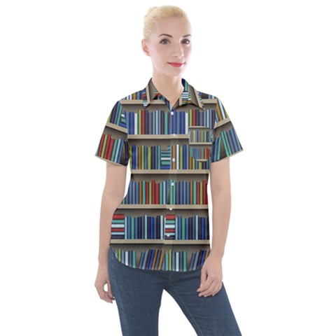 Bookshelf Women s Short Sleeve Pocket Shirt by Ravend
