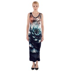Blue And Brown Flower 3d Abstract Fractal Fitted Maxi Dress by Bedest