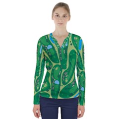 Golf Course Par Golf Course Green V-neck Long Sleeve Top by Sarkoni