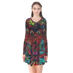 Somewhere Near Oblivion Nightmares Acid Colors Psychedelic Long Sleeve V-neck Flare Dress by Sarkoni