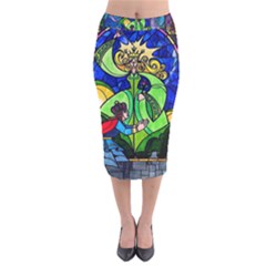 Beauty And The Beast Stained Glass Rose Velvet Midi Pencil Skirt by Sarkoni