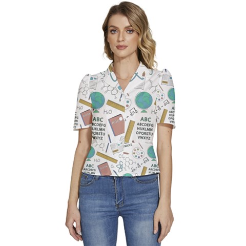 School Subjects And Objects Vector Illustration Seamless Pattern Puffed Short Sleeve Button Up Jacket by Grandong