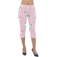 Cute Cat Cartoon Doodle Seamless Pink Pattern Lightweight Velour Capri Leggings  by Grandong