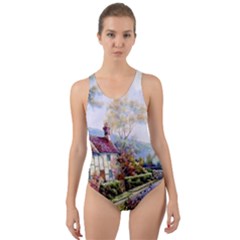 Colorful Cottage River Colorful House Landscape Garden Beautiful Painting Cut-out Back One Piece Swimsuit by Grandong