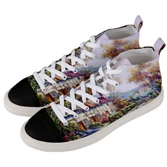 Colorful Cottage River Colorful House Landscape Garden Beautiful Painting Men s Mid-top Canvas Sneakers by Grandong