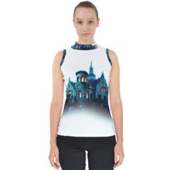 Blue Castle Halloween Horror Haunted House Mock Neck Shell Top by Sarkoni