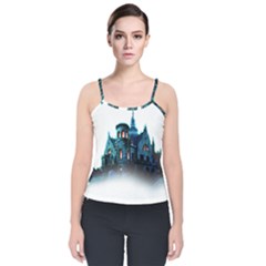Blue Castle Halloween Horror Haunted House Velvet Spaghetti Strap Top by Sarkoni