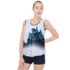 Blue Castle Halloween Horror Haunted House Bubble Hem Chiffon Tank Top by Sarkoni