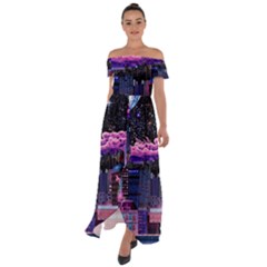 Retro City Pixel Off Shoulder Open Front Chiffon Dress by Sarkoni