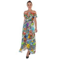 Pixel Art Retro Video Game Off Shoulder Open Front Chiffon Dress by Sarkoni