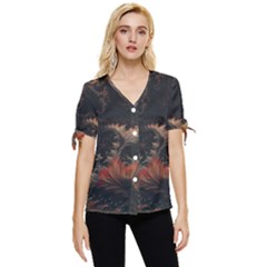 Fractal Digital Art Pattern Bow Sleeve Button Up Top by Grandong