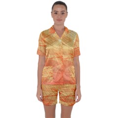 Abstract Texture Of Colorful Bright Pattern Transparent Leaves Orange And Yellow Color Satin Short Sleeve Pajamas Set by Grandong