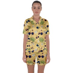 Seamless Pattern Of Sunglasses Tropical Leaves And Flower Satin Short Sleeve Pajamas Set by Grandong
