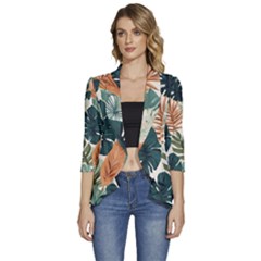 Tropical Leaf Women s 3/4 Sleeve Ruffle Edge Open Front Jacket by Jack14