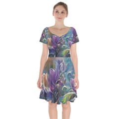 Abstract Blossoms  Short Sleeve Bardot Dress by Internationalstore