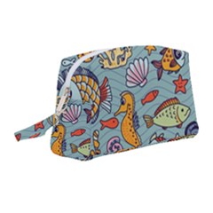 Cartoon Underwater Seamless Pattern With Crab Fish Seahorse Coral Marine Elements Wristlet Pouch Bag (medium) by uniart180623