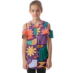 Colorful Shapes On A Purple Background Fold Over Open Sleeve Top by LalyLauraFLM