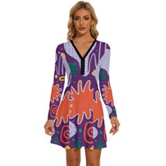 Colorful Shapes On A Purple Background Long Sleeve Deep V Mini Dress  by LalyLauraFLM