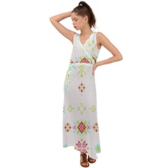 Christmas Cross Stitch Pattern Effect Holidays Symmetry V-neck Chiffon Maxi Dress by Sarkoni