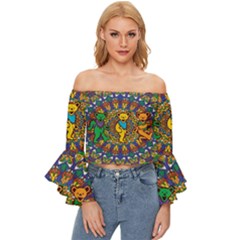 Grateful Dead Pattern Off Shoulder Flutter Bell Sleeve Top by Sarkoni