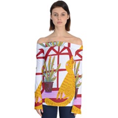 Cat Pet Ginger Art Animal Cartoon Off Shoulder Long Sleeve Top by uniart180623