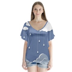 Clouds Rain Paper Raindrops Weather Sky Raining V-neck Flutter Sleeve Top by uniart180623