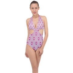 Alien Pattern Pink Halter Front Plunge Swimsuit by Ket1n9