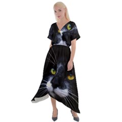 Face Black Cat Cross Front Sharkbite Hem Maxi Dress by Ket1n9