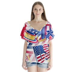United States Of America Usa  Images Independence Day V-neck Flutter Sleeve Top by Ket1n9