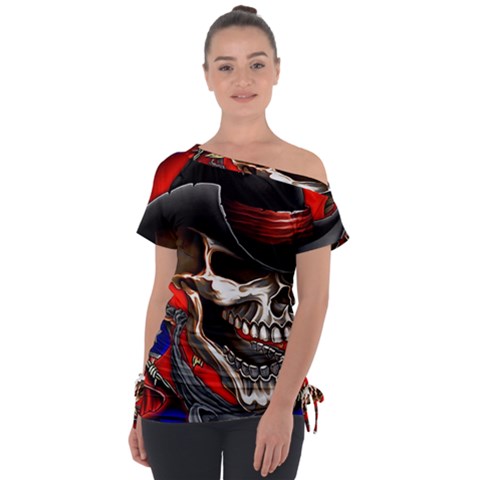 Confederate Flag Usa America United States Csa Civil War Rebel Dixie Military Poster Skull Off Shoulder Tie-up T-shirt by Ket1n9