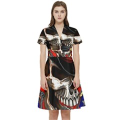 Confederate Flag Usa America United States Csa Civil War Rebel Dixie Military Poster Skull Short Sleeve Waist Detail Dress by Ket1n9