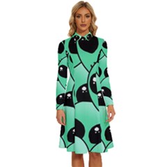 Art Alien Pattern Long Sleeve Shirt Collar A-line Dress by Ket1n9