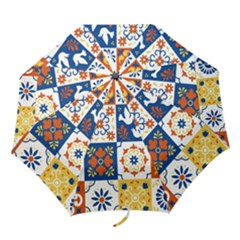 Mexican-talavera-pattern-ceramic-tiles-with-flower-leaves-bird-ornaments-traditional-majolica-style- Folding Umbrellas by Ket1n9