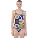 Mexican-talavera-pattern-ceramic-tiles-with-flower-leaves-bird-ornaments-traditional-majolica-style- Cut Out Top Tankini Set View1
