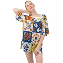 Mexican-talavera-pattern-ceramic-tiles-with-flower-leaves-bird-ornaments-traditional-majolica-style- Oversized Chiffon Top by Ket1n9