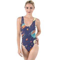 Space Galaxy Planet Universe Stars Night Fantasy High Leg Strappy Swimsuit by Ket1n9