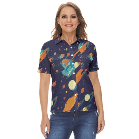 Space Galaxy Planet Universe Stars Night Fantasy Women s Short Sleeve Double Pocket Shirt by Grandong