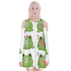 Kawaii-frog-rainy-season-japanese Velvet Long Sleeve Shoulder Cutout Dress by Grandong