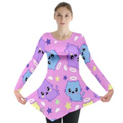 Seamless Pattern With Cute Kawaii Kittens Long Sleeve Tunic  by Grandong
