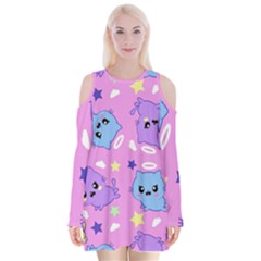Seamless Pattern With Cute Kawaii Kittens Velvet Long Sleeve Shoulder Cutout Dress by Grandong