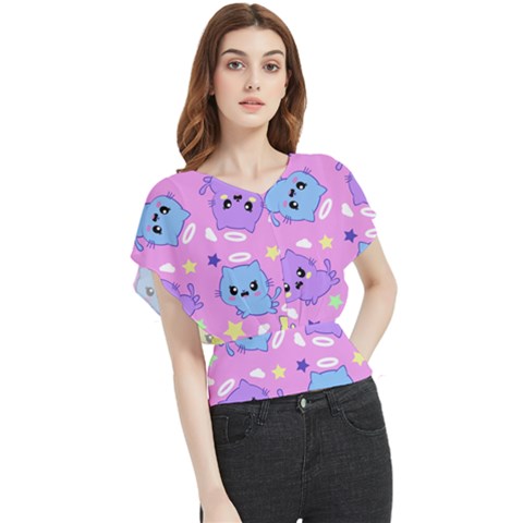 Seamless Pattern With Cute Kawaii Kittens Butterfly Chiffon Blouse by Grandong