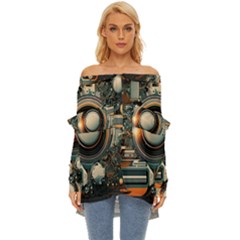 Illustrations Technology Robot Internet Processor Off Shoulder Chiffon Pocket Shirt by Vaneshop