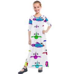 Fish Swim Cartoon Funnycute Kids  Quarter Sleeve Maxi Dress by Sapixe