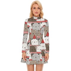 Cute Adorable Bear Merry Christmas Happy New Year Cartoon Doodle Seamless Pattern Long Sleeve Velour Longline Dress by Amaryn4rt