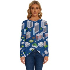 Isometric-seamless-pattern-megapolis Long Sleeve Crew Neck Pullover Top by Amaryn4rt