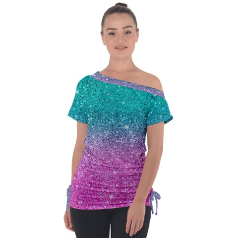 Pink And Turquoise Glitter Off Shoulder Tie-up T-shirt by Sarkoni