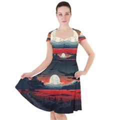 Winter Painting Moon Night Sky Cap Sleeve Midi Dress by Pakjumat