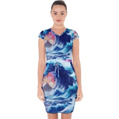 Storm Tsunami Waves Ocean Sea Nautical Nature Capsleeve Drawstring Dress  by Pakjumat