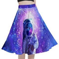 The Cosmonaut Galaxy Art Space Astronaut A-line Full Circle Midi Skirt With Pocket by Pakjumat